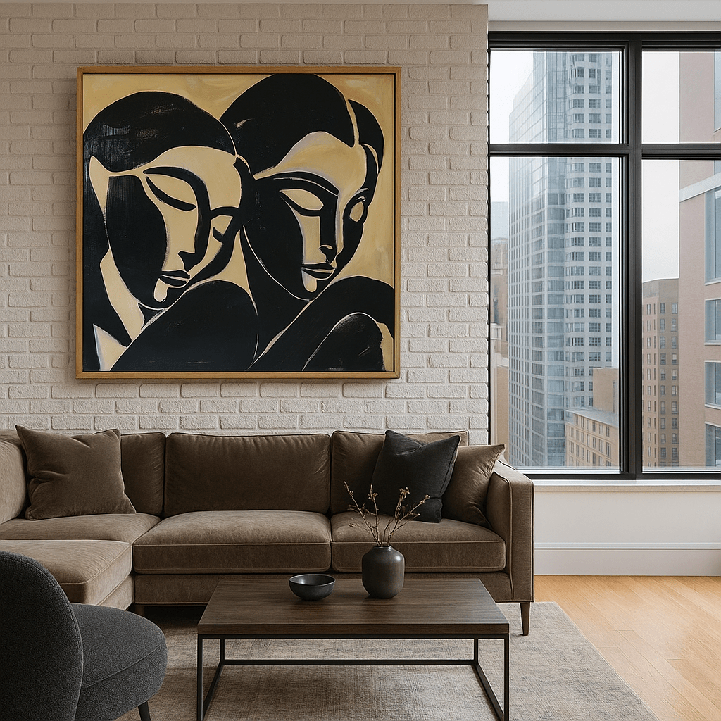 Canvas Print: Abstract Faces Connection - Black & Gold Minimalist Wall Art modern abstract canvas wall art by Rossetti Art – luxury interior design artwork for living room, bedroom, office – abstract wall art canvas print art Chiara Rossetti