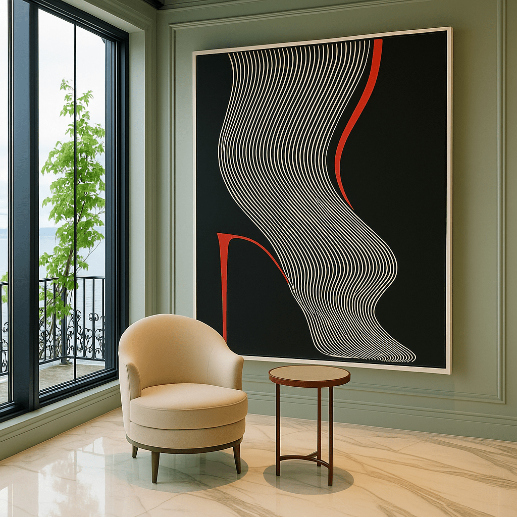 Canvas Print : Abstract High Heel Wall Art – Black & White Modern Line Art Print modern abstract canvas wall art by Rossetti Art – luxury interior design artwork for living room, bedroom, office – Black And White Art Black and white artwork black and white canvas