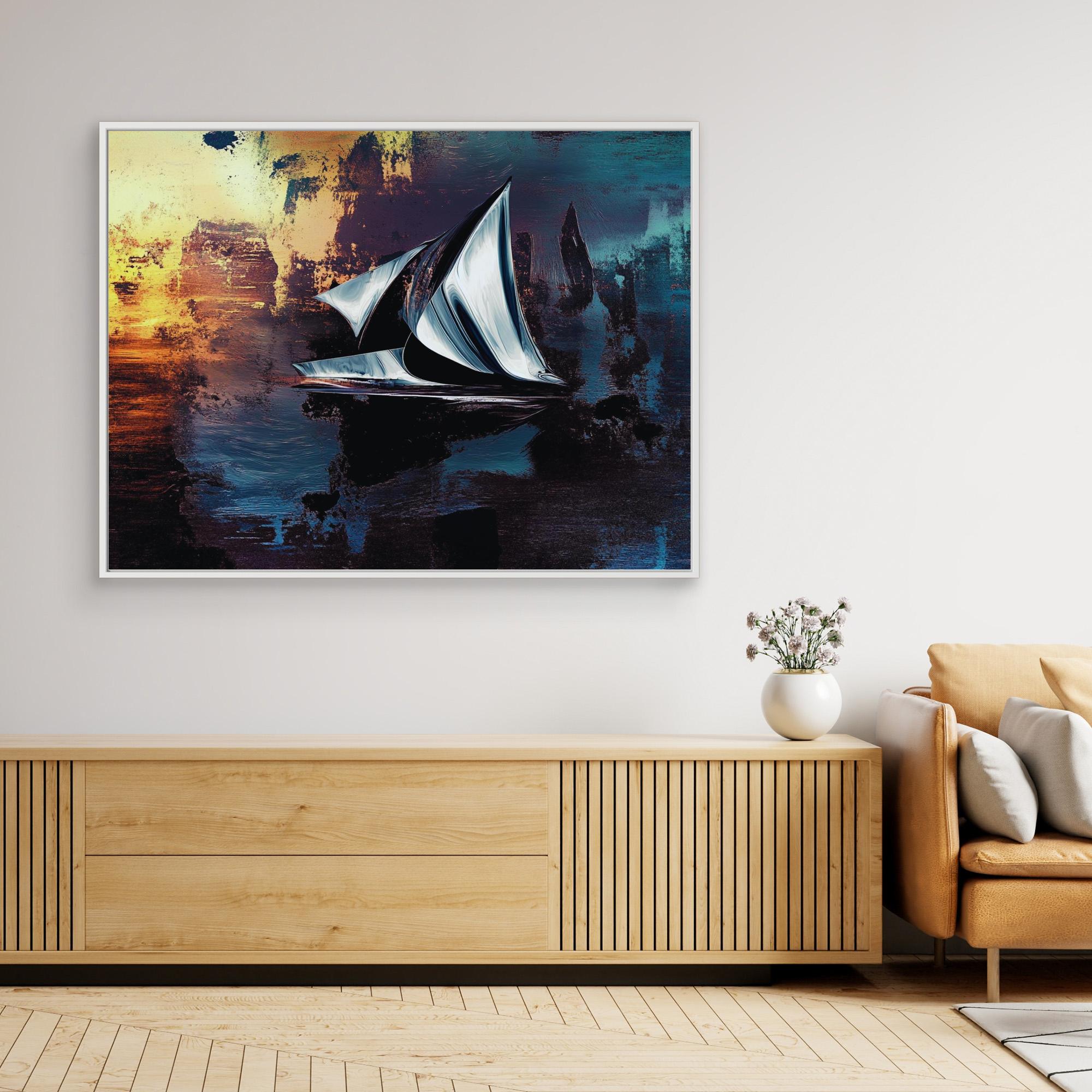 Canvas Print : Abstract Sailboat Canvas Art - Sunset Serenity modern abstract canvas wall art by Rossetti Art – luxury interior design artwork for living room, bedroom, office – Abstract Sailboat Canvas Art Modern Coastal Decor Nautical Modern Wall Art