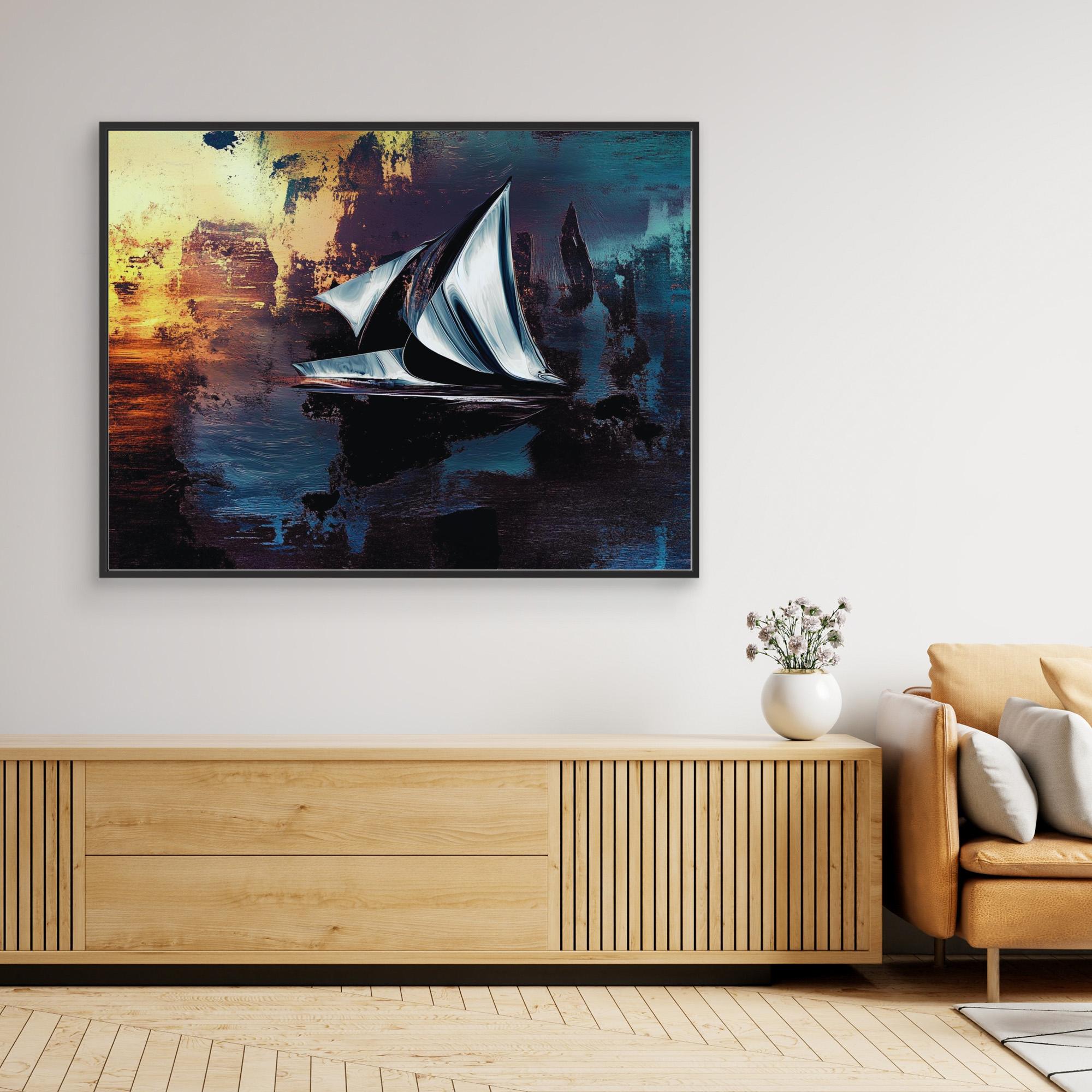 Canvas Print : Abstract Sailboat Canvas Art - Sunset Serenity modern abstract canvas wall art by Rossetti Art – luxury interior design artwork for living room, bedroom, office – Abstract Sailboat Canvas Art Modern Coastal Decor Nautical Modern Wall Art