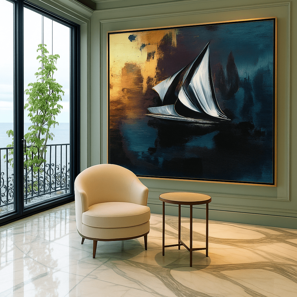 Canvas Print : Abstract Sailboat Canvas Art - Sunset Serenity modern abstract canvas wall art by Rossetti Art – luxury interior design artwork for living room, bedroom, office – Abstract Sailboat Canvas Art Modern Coastal Decor Nautical Modern Wall Art