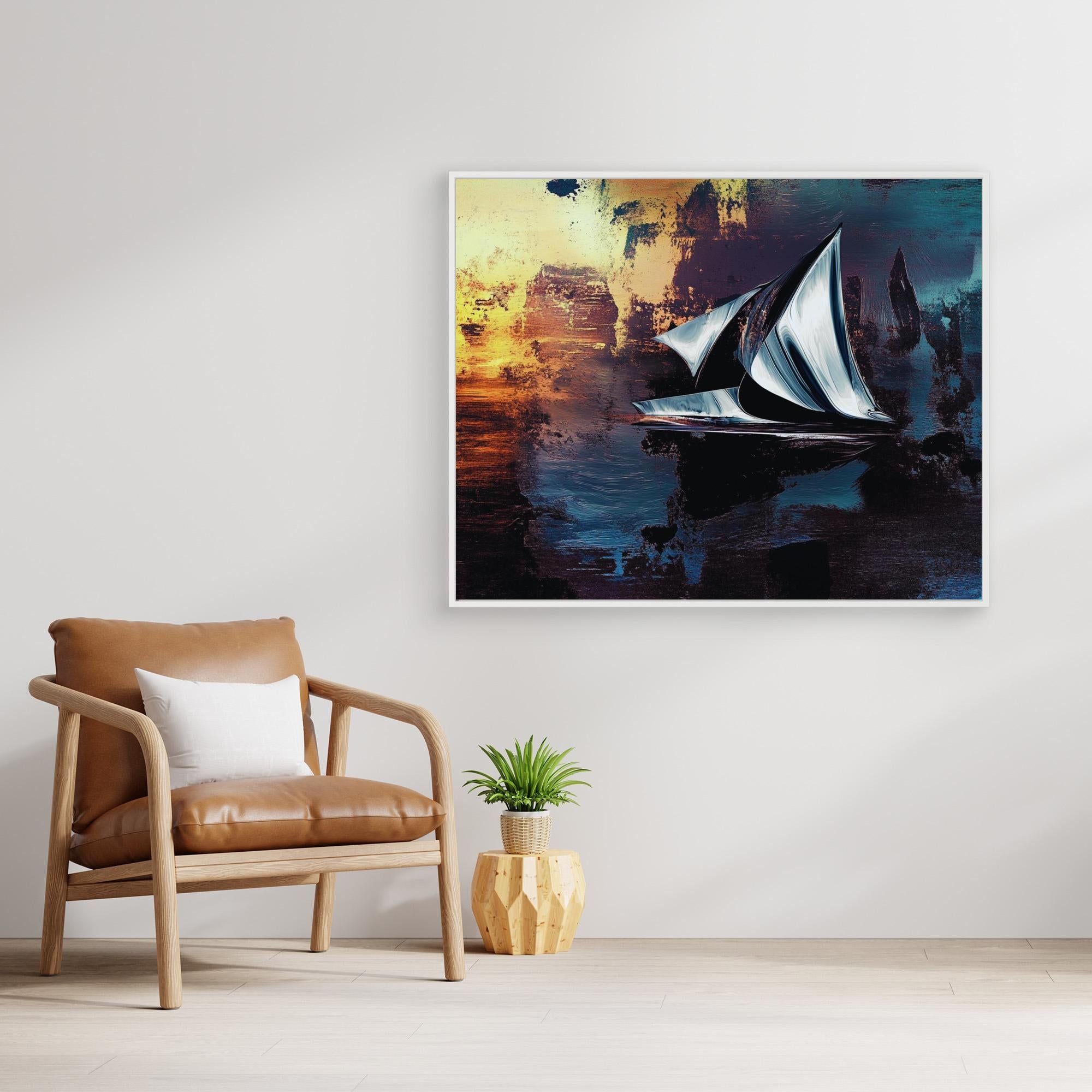 Canvas Print : Abstract Sailboat Canvas Art - Sunset Serenity modern abstract canvas wall art by Rossetti Art – luxury interior design artwork for living room, bedroom, office – Abstract Sailboat Canvas Art Modern Coastal Decor Nautical Modern Wall Art