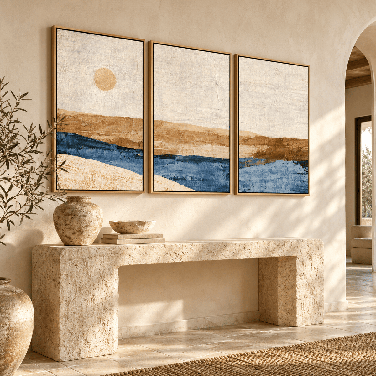 Abstract Sunset Wall Art – Ochre Tide canvas print set of 3 by Rossetti Art, trio in a wabi-sabi entry hall