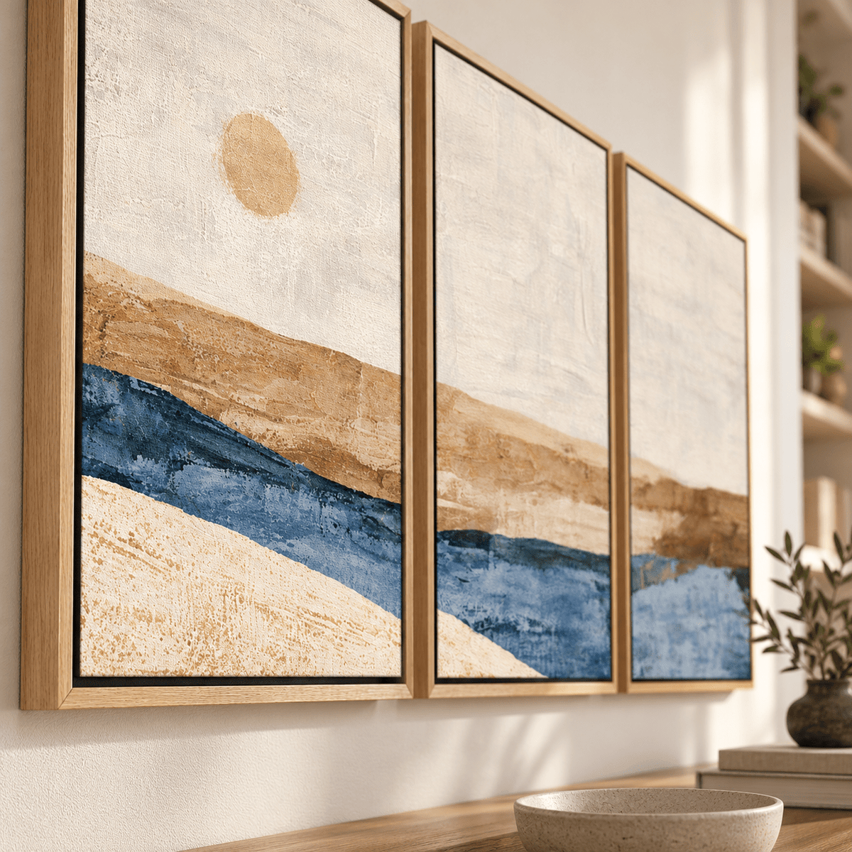 Abstract Sunset Wall Art – Ochre Tide canvas print set of 3 by Rossetti Art, framed canvas triptych in soft light