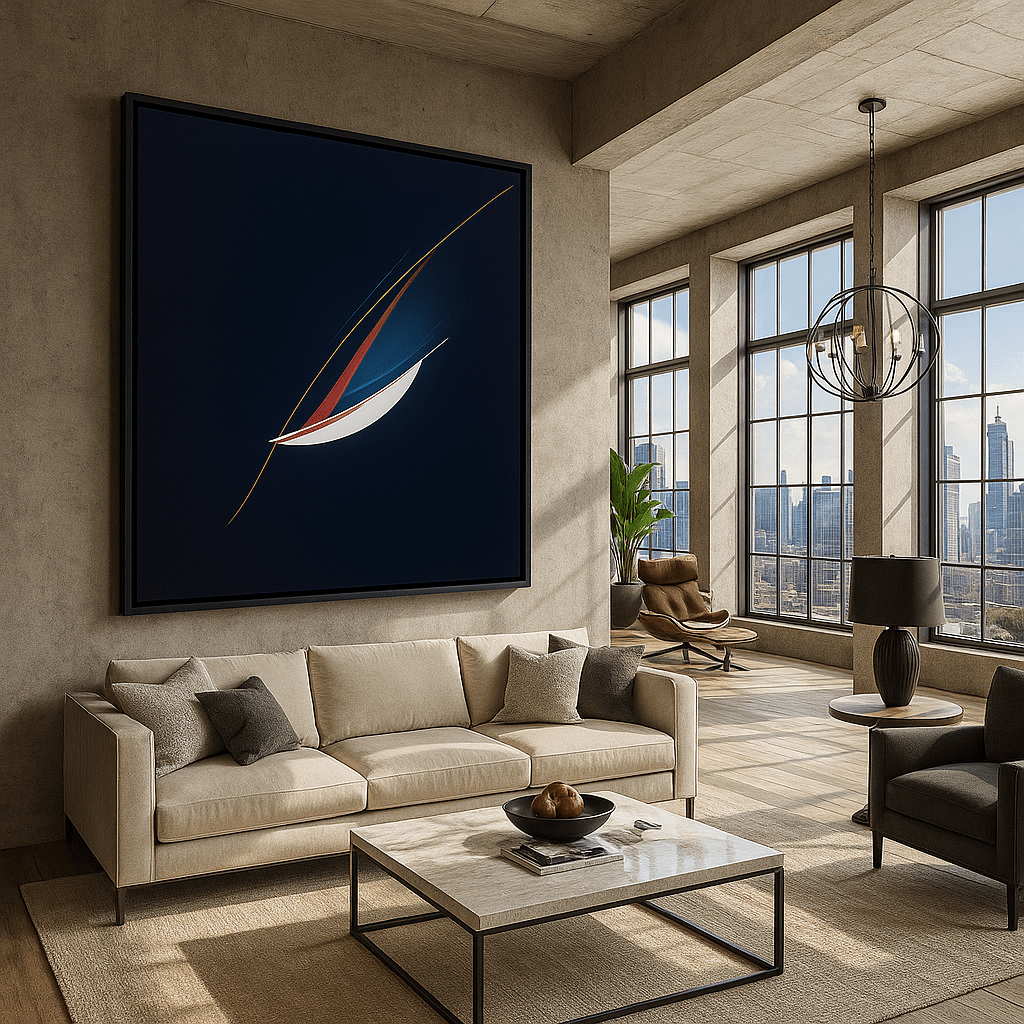 Canvas Print: Arc of Silence - Navy, Red & White Minimalist Wall Art for Contemporary Interiors modern abstract canvas wall art by Rossetti Art – luxury interior design artwork for living room, bedroom, office – abstract wall art canvas print art Chiara Rossetti