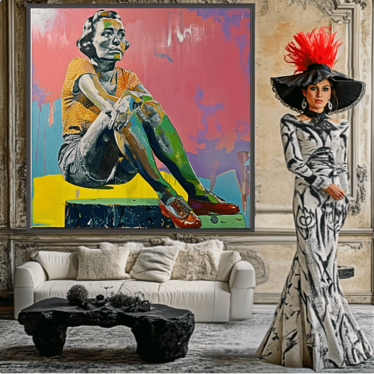 Canvas Print Art: Modern Muse - Vintage Pop Art Prints modern abstract canvas wall art by Rossetti Art – luxury interior design artwork for living room, bedroom, office – abstract woman painting Colorful woman portrait Contemporary Canvas Prints