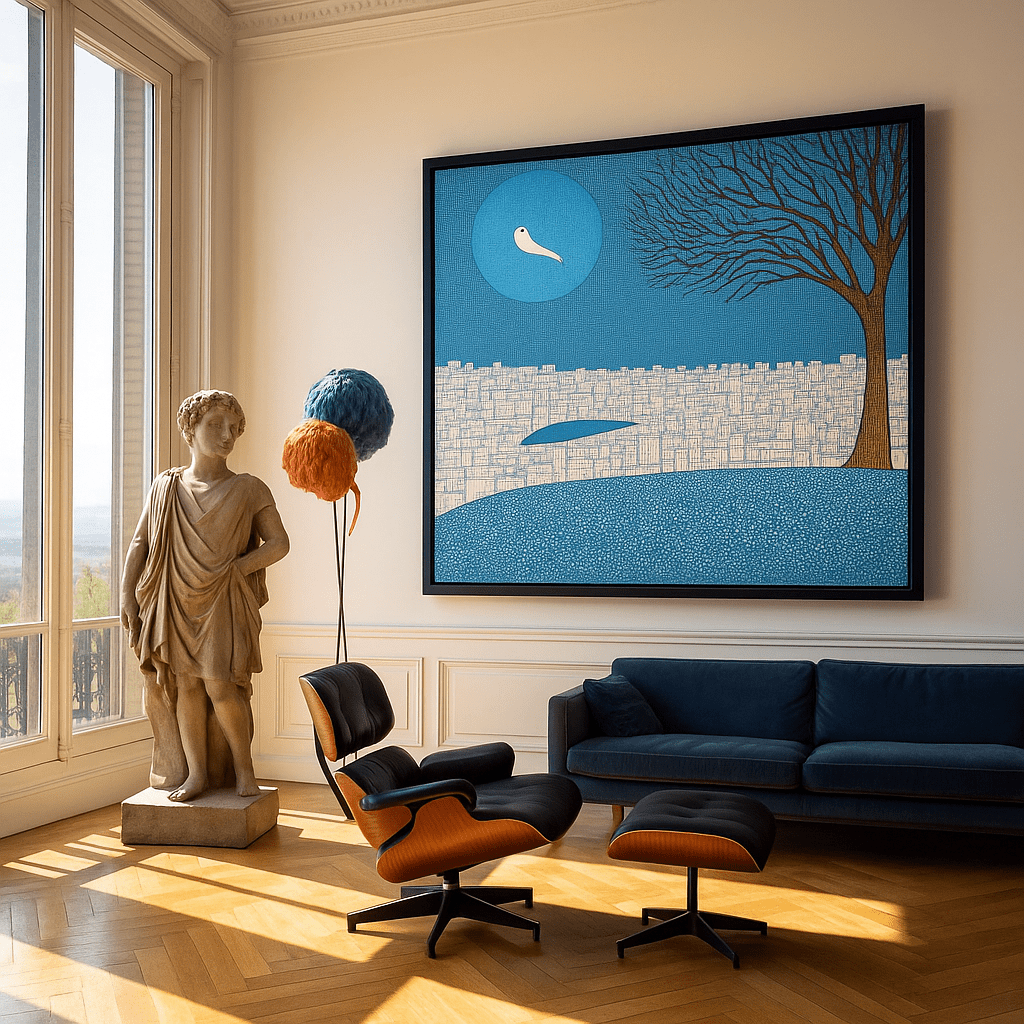 Canvas Print : Azure Serenity - Blue Cityscape and Tree Canvas Art modern abstract canvas wall art by Rossetti Art – luxury interior design artwork for living room, bedroom, office – Azure Serenity Cityscape And Tree Art tranquil tree wall art