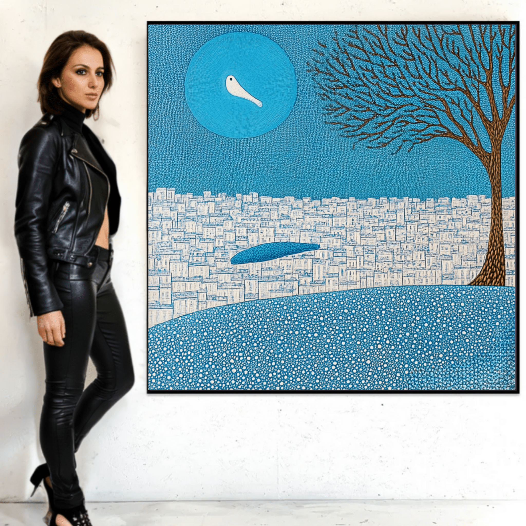 Canvas Print : Azure Serenity - Blue Cityscape and Tree Canvas Art modern abstract canvas wall art by Rossetti Art – luxury interior design artwork for living room, bedroom, office – Azure Serenity Cityscape And Tree Art tranquil tree wall art