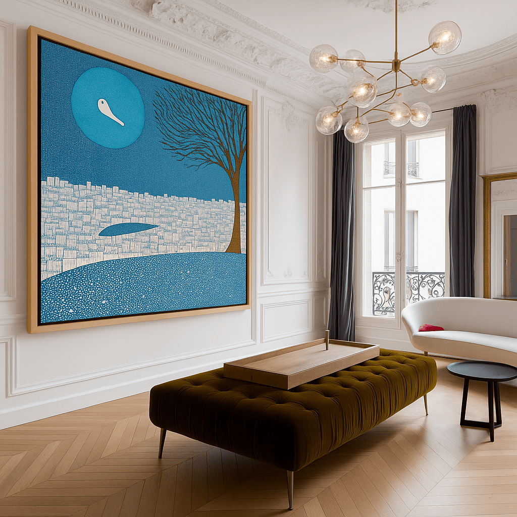 Canvas Print : Azure Serenity - Blue Cityscape and Tree Canvas Art modern abstract canvas wall art by Rossetti Art – luxury interior design artwork for living room, bedroom, office – Azure Serenity Cityscape And Tree Art tranquil tree wall art