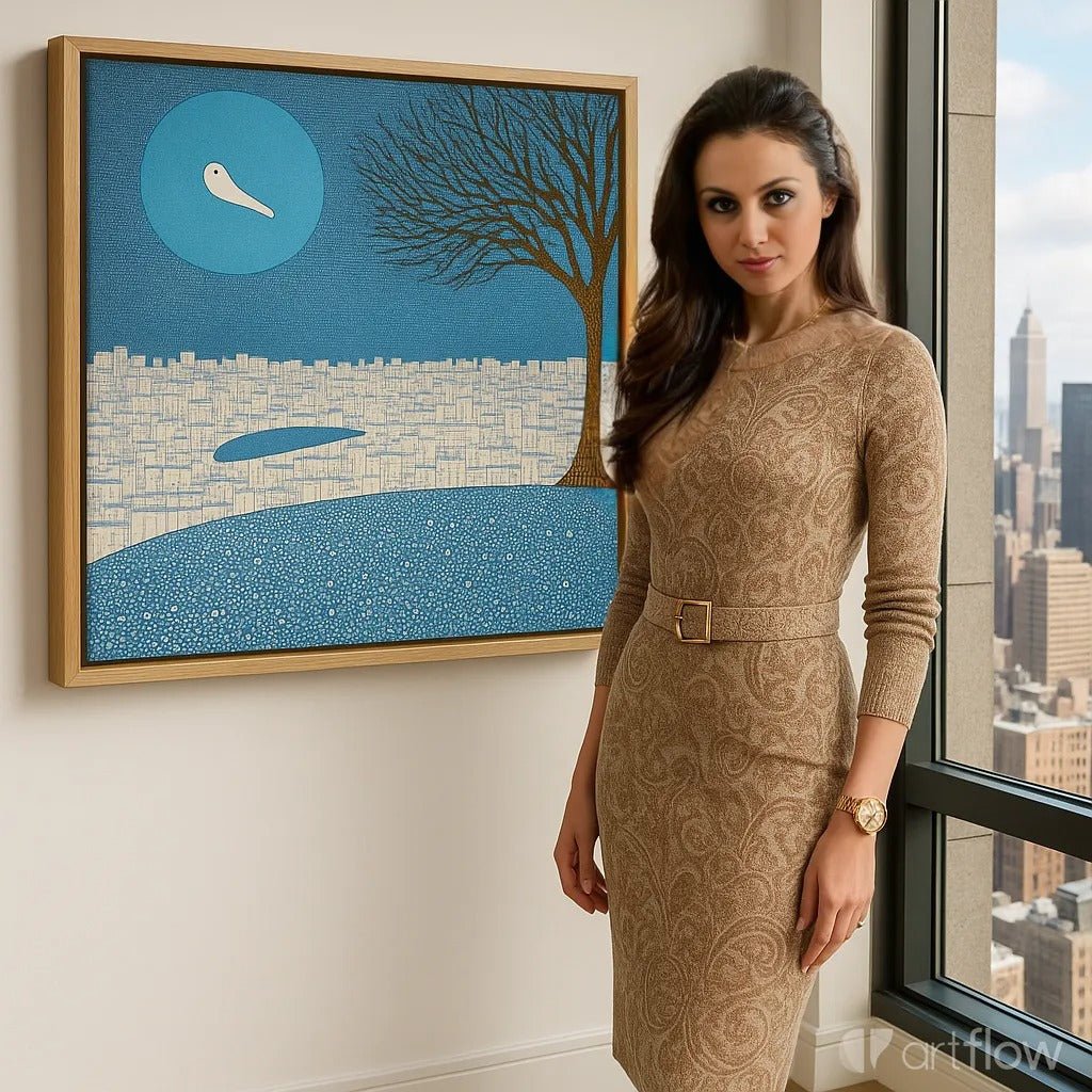 Canvas Print : Azure Serenity - Blue Cityscape and Tree Canvas Art modern abstract canvas wall art by Rossetti Art – luxury interior design artwork for living room, bedroom, office – Azure Serenity Cityscape And Tree Art tranquil tree wall art