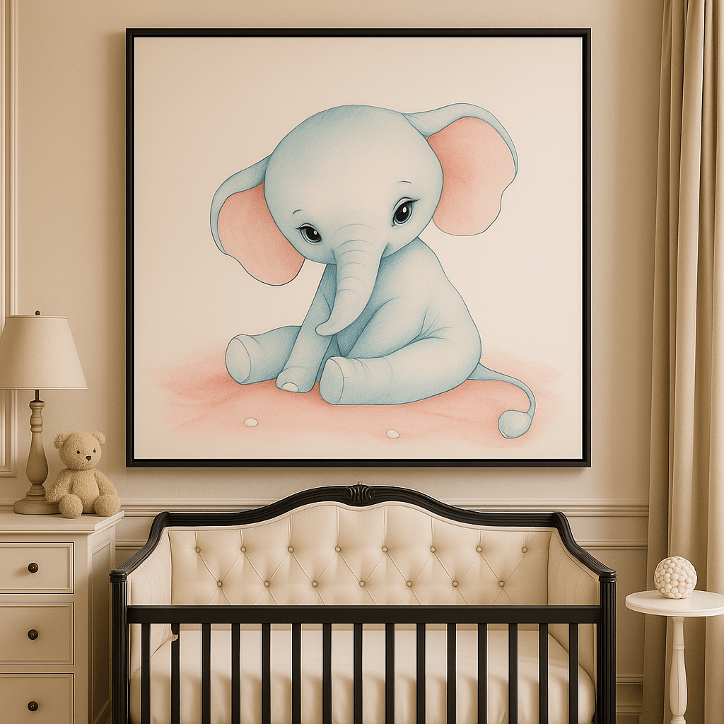 Canvas Print: Baby Elephant Dreams – Soft Pastel Nursery Wall Art modern abstract canvas wall art by Rossetti Art – luxury interior design artwork for living room, bedroom, office – Contemporary Art for Sale contemporary art piece Contemporary art print