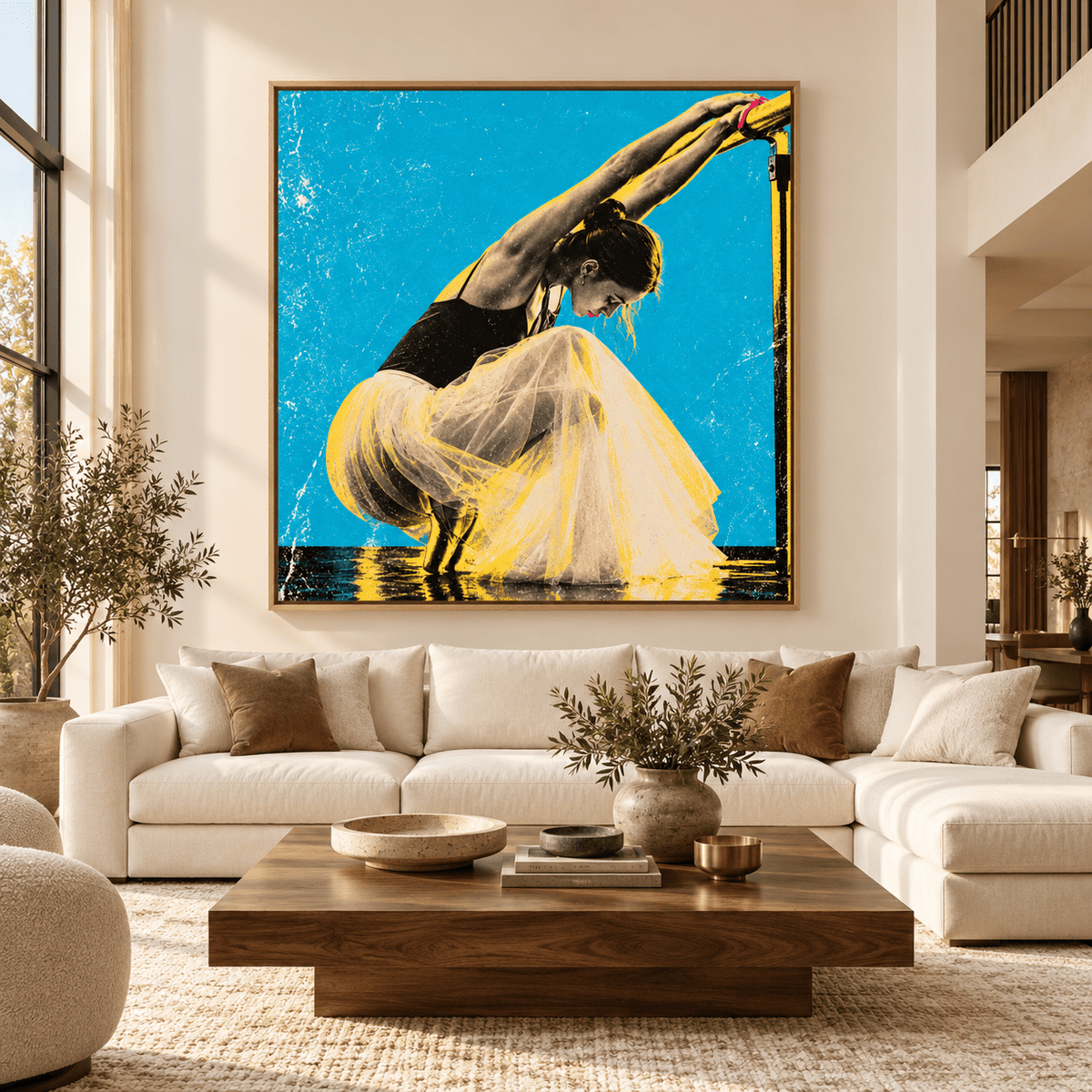 Blue Barre ballet wall art canvas print above a cream sofa in a bright living room