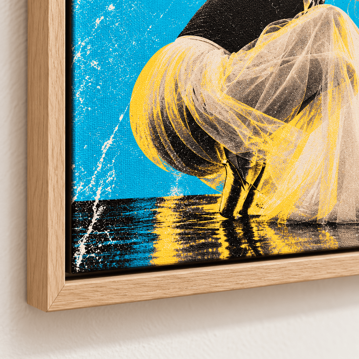 Close-up of the oak floater frame corner on the Blue Barre ballet wall art canvas print