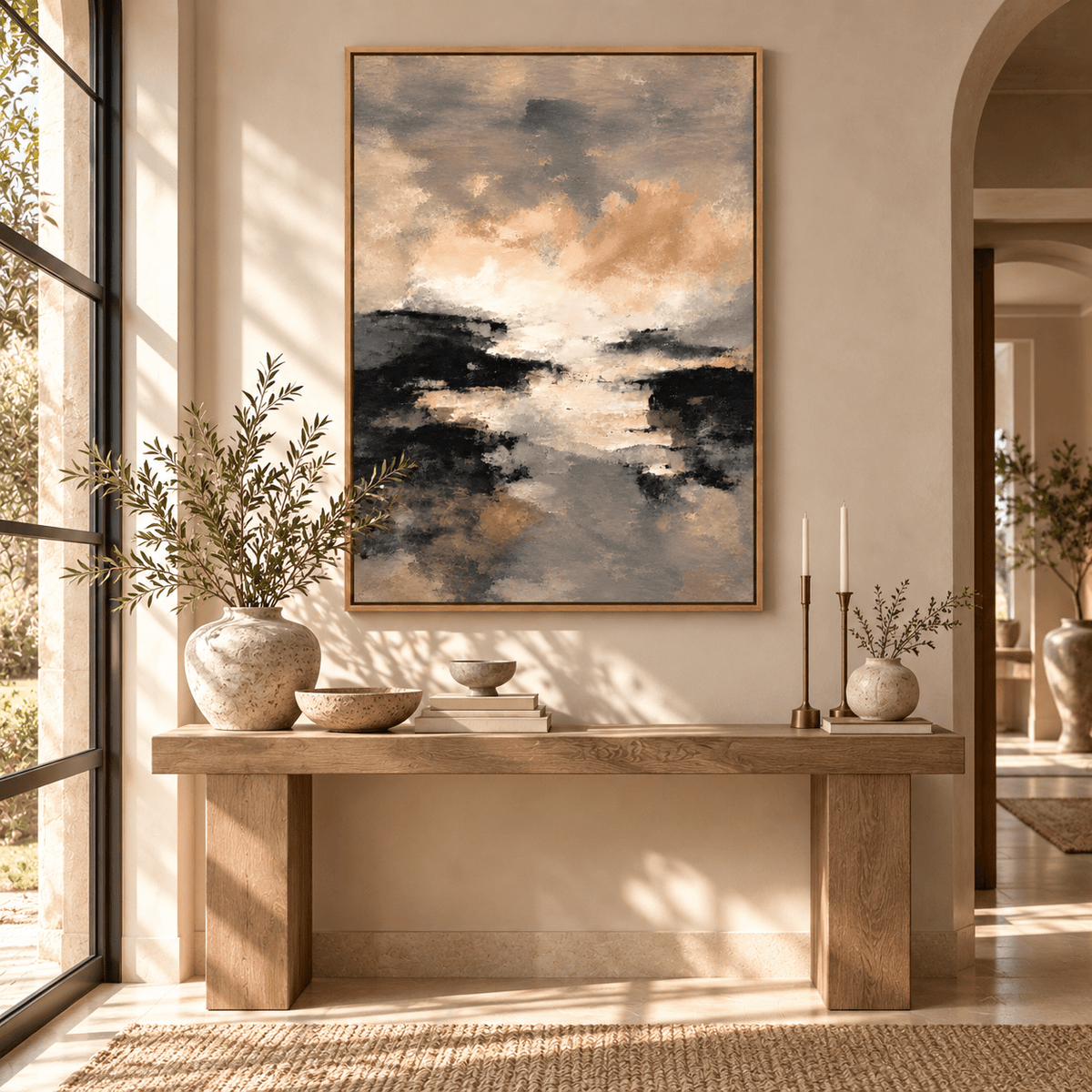 Beige Painting for Living Room – Blush Horizon canvas print above an entryway console by Rossetti Art