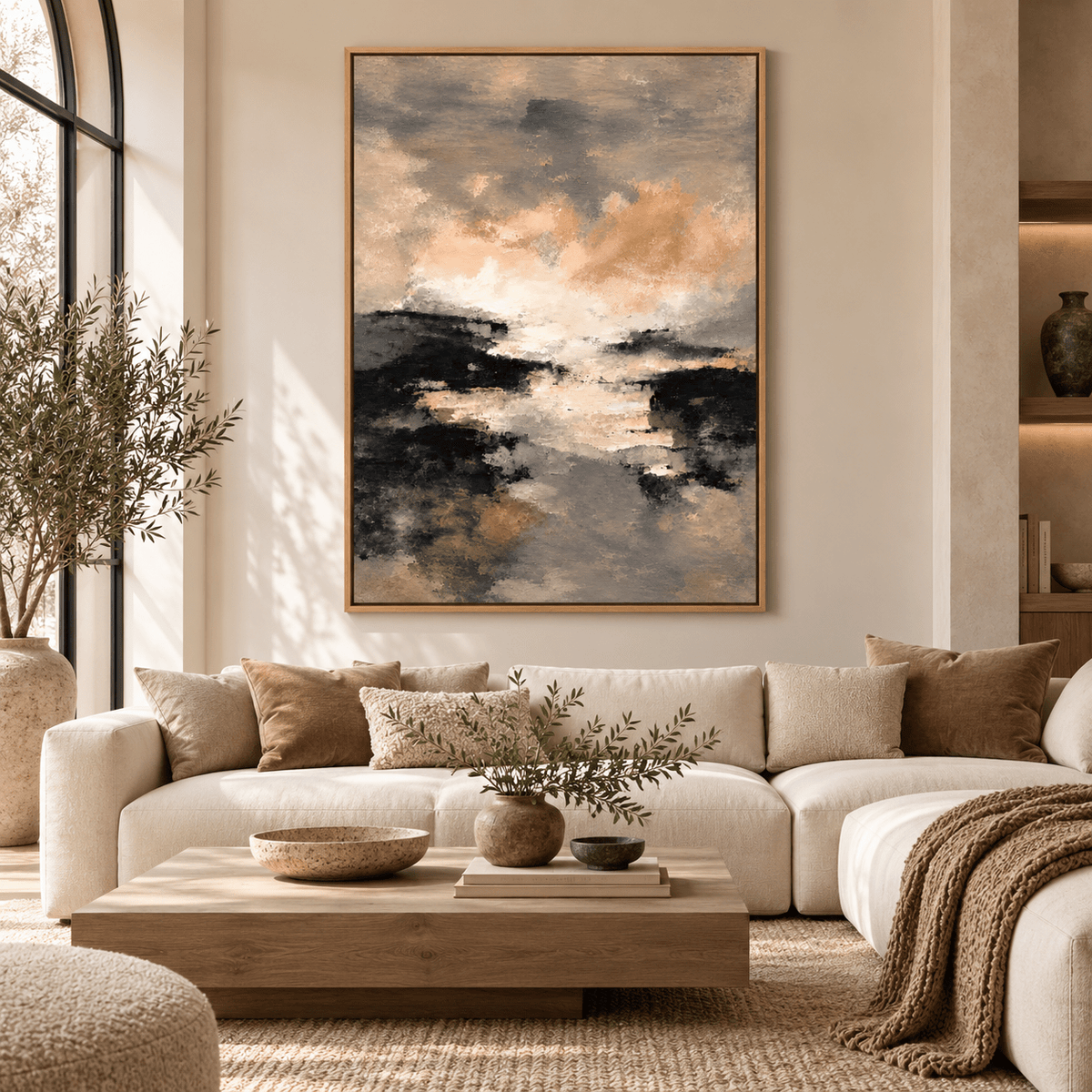 Beige Painting for Living Room – Blush Horizon canvas print above a sofa by Rossetti Art