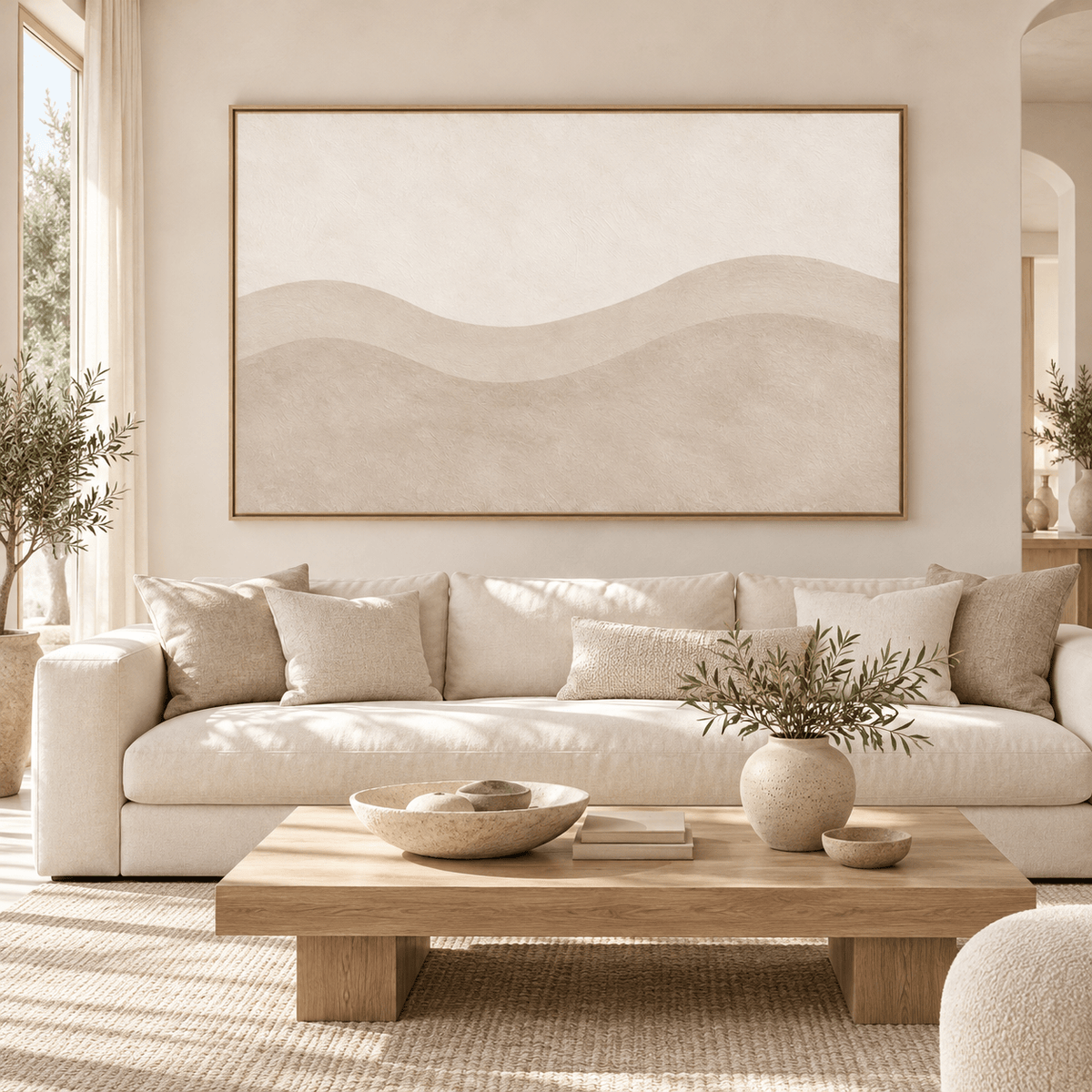 Beige Wall Art – Sand Ridge by Rossetti Art above a cream sofa