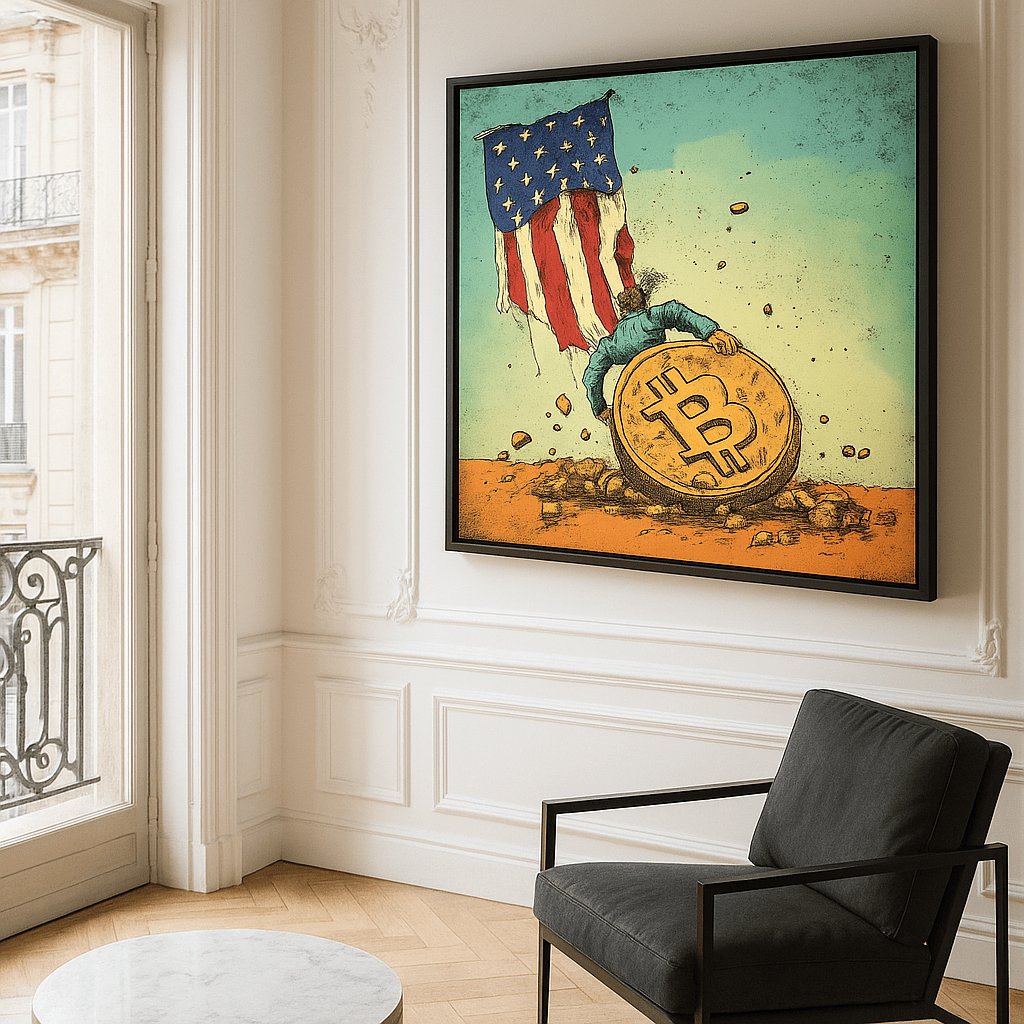 Canvas Print : Bitcoin vs. Tradition: Bold Political Satire Print Artwork modern abstract canvas wall art by Rossetti Art – luxury interior design artwork for living room, bedroom, office – Bitcoin Art Print Bold Wall Art Cryptocurrency Decor