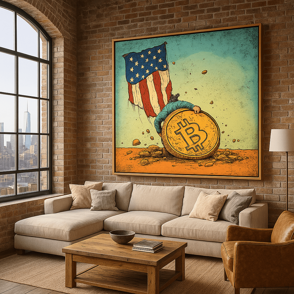 Canvas Print : Bitcoin vs. Tradition: Bold Political Satire Print Artwork modern abstract canvas wall art by Rossetti Art – luxury interior design artwork for living room, bedroom, office – Bitcoin Art Print Bold Wall Art Cryptocurrency Decor