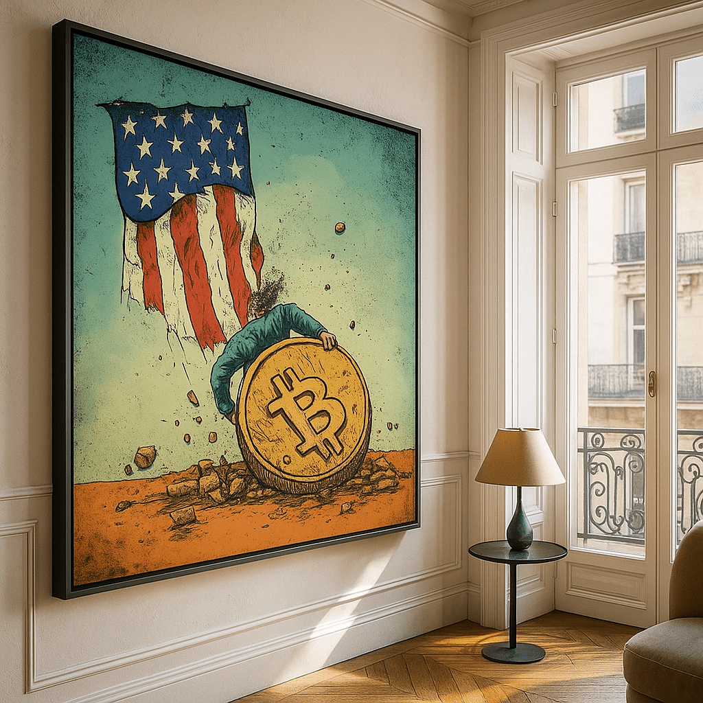 Canvas Print : Bitcoin vs. Tradition: Bold Political Satire Print Artwork modern abstract canvas wall art by Rossetti Art – luxury interior design artwork for living room, bedroom, office – Bitcoin Art Print Bold Wall Art Cryptocurrency Decor