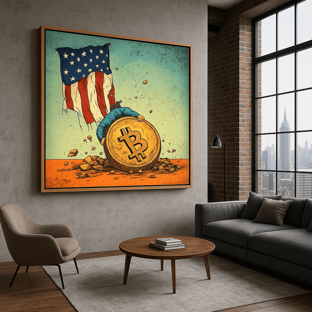 Canvas Print : Bitcoin vs. Tradition: Bold Political Satire Print Artwork modern abstract canvas wall art by Rossetti Art – luxury interior design artwork for living room, bedroom, office – Bitcoin Art Print Bold Wall Art Cryptocurrency Decor