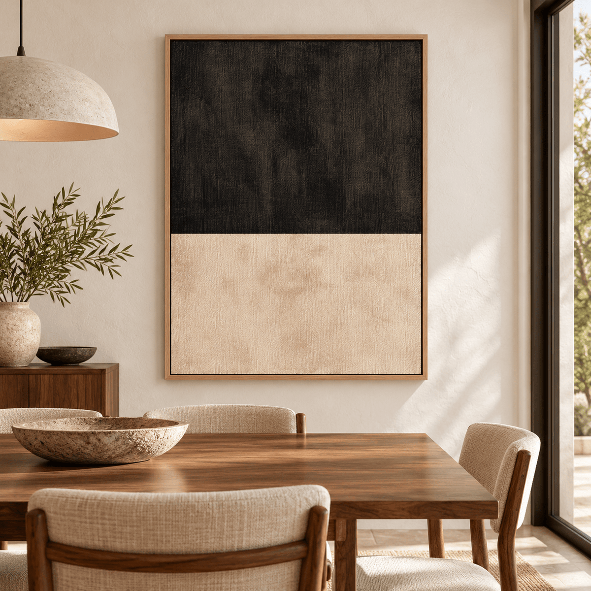 Black and Beige Wall Art – Night Horizon above a sideboard by Rossetti Art