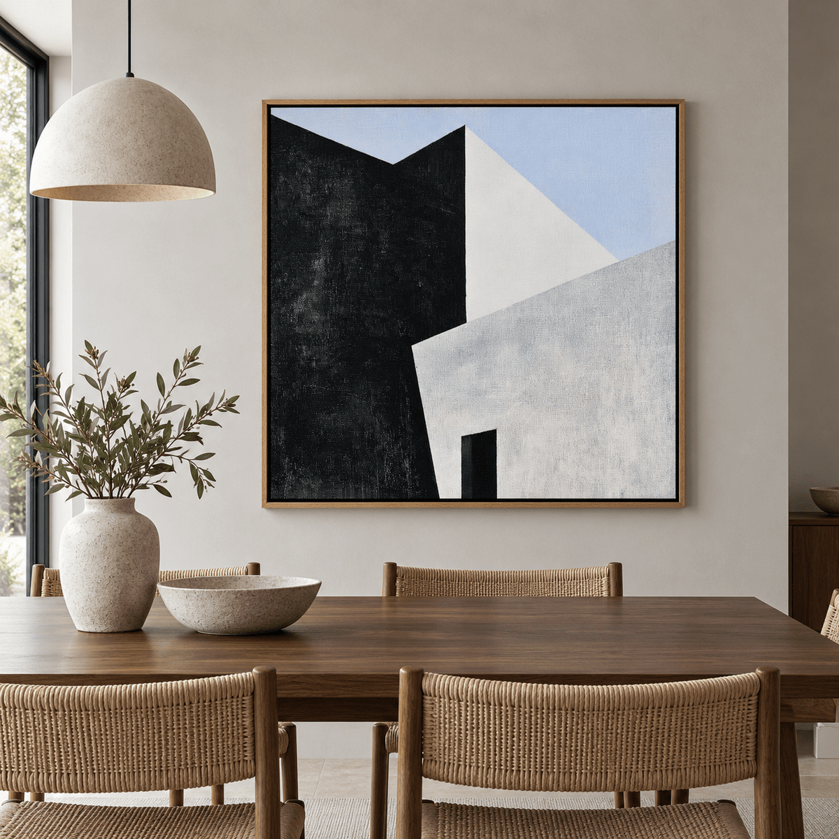 Black and Grey Wall Art Canvas Print – Graphite Monolith in a dining room by Rossetti Art