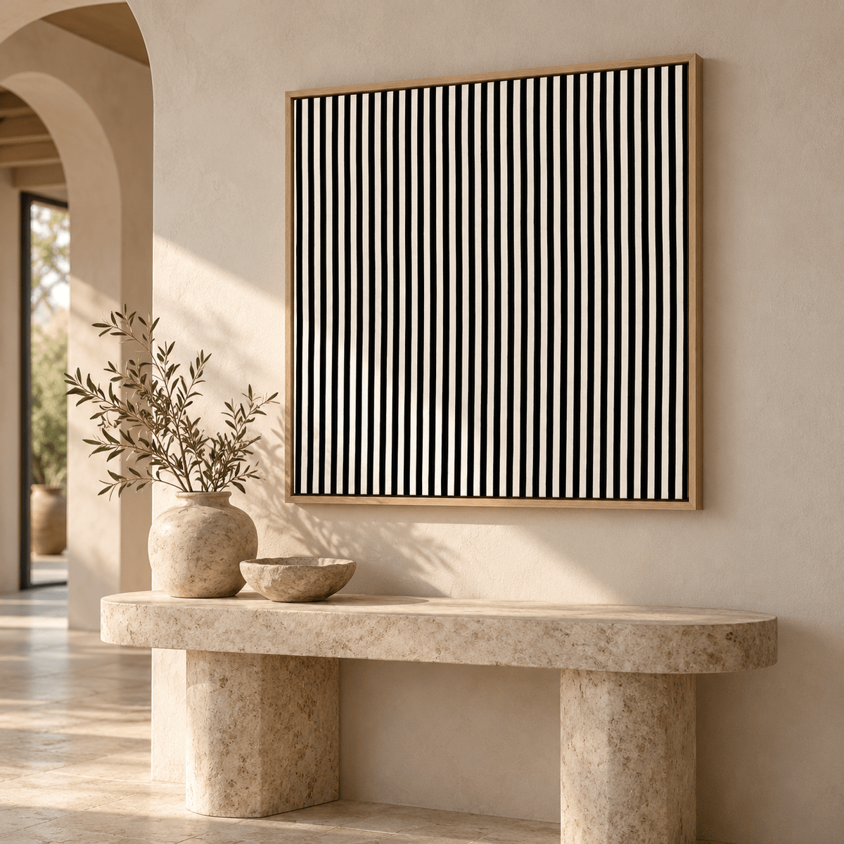 Black and ivory striped wall art Ivory Stripe above a stone console table in a bright entryway