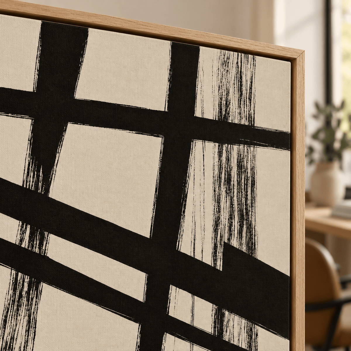 Black and Tan Wall Art – Crossed Beams by Rossetti Art, close-up of the bold brushstrokes and canvas texture