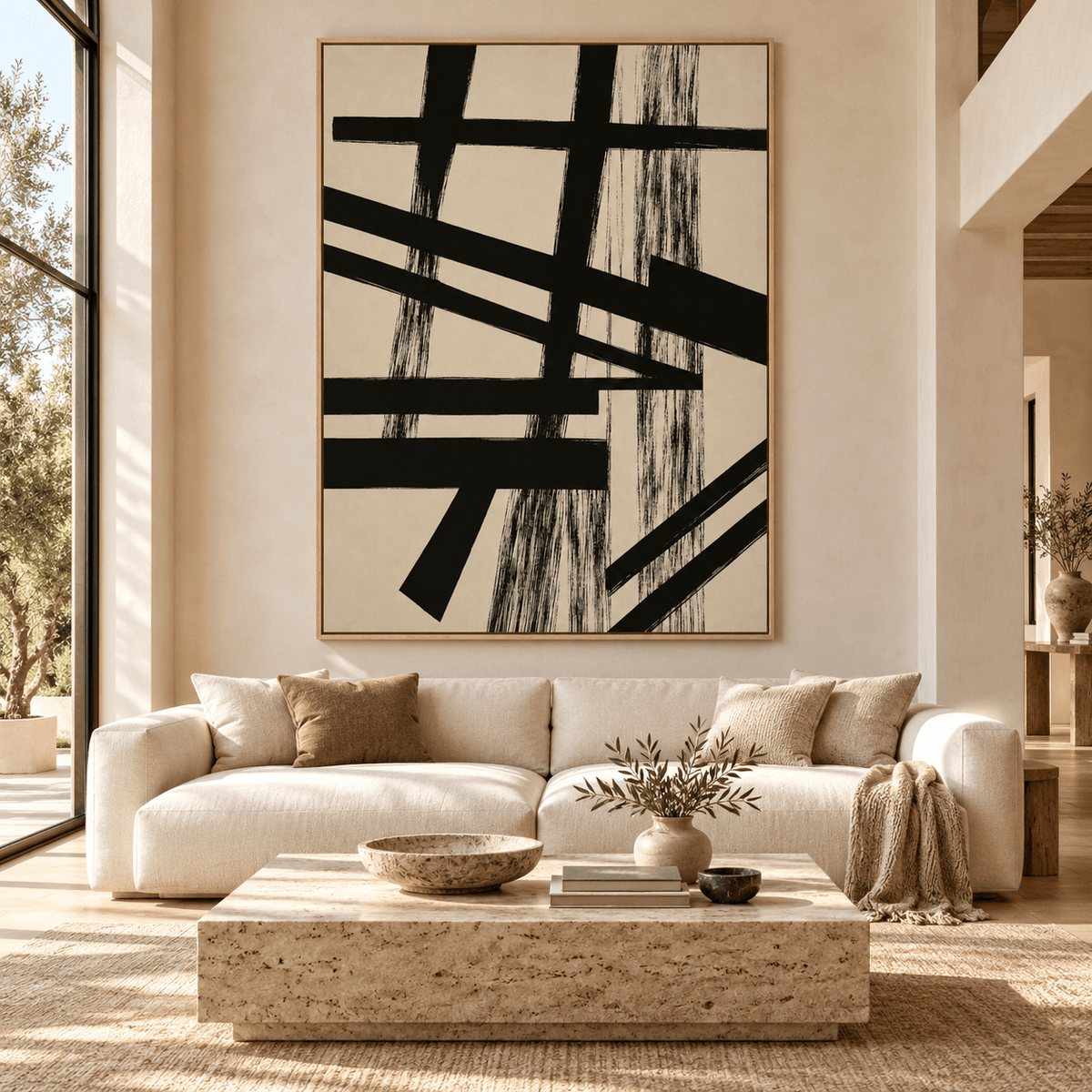 Black and Tan Wall Art – Crossed Beams by Rossetti Art, oversized canvas print above a cream sofa in a large living room