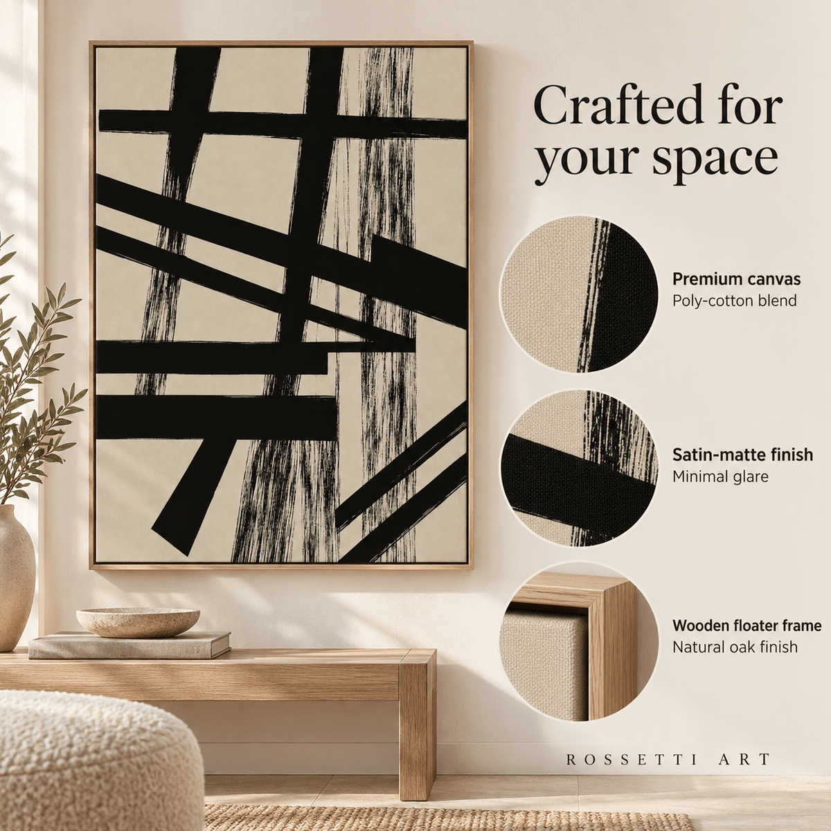 Black and Tan Wall Art – Crossed Beams by Rossetti Art, premium canvas, satin-matte finish and floater frame details