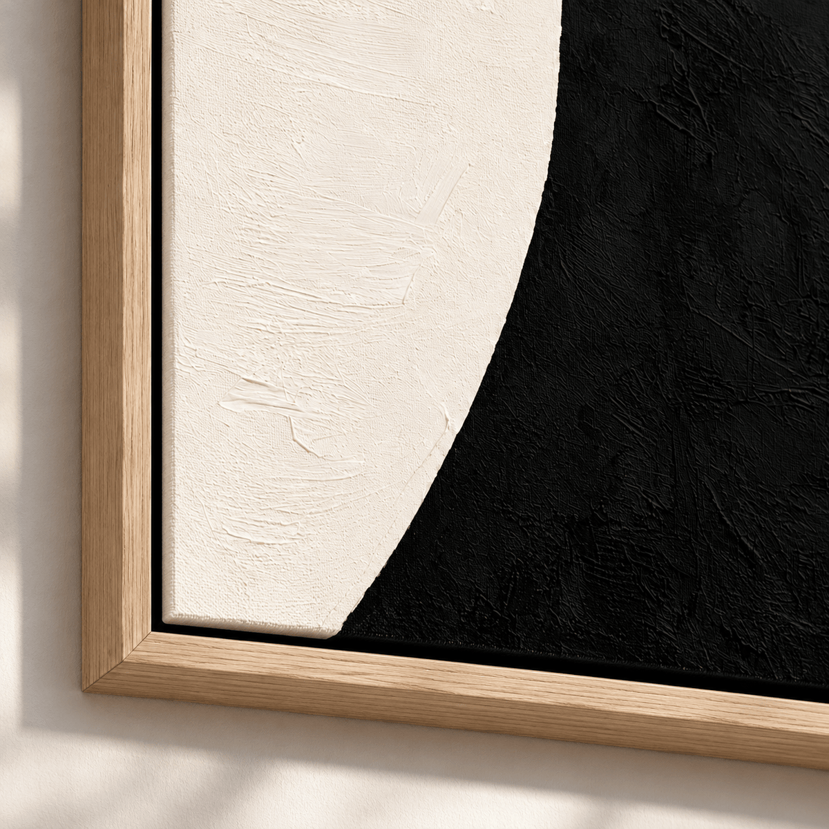 Black and White Vertical Wall Art – Cream Eclipse by Rossetti Art, close-up of the textured finish and floater frame corner