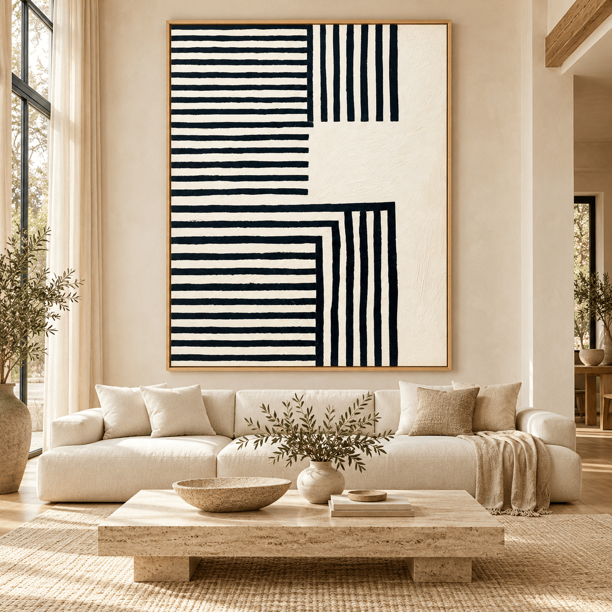 Black and White Wall Art for Living Room – Ivory Passage by Rossetti Art above a cream sofa