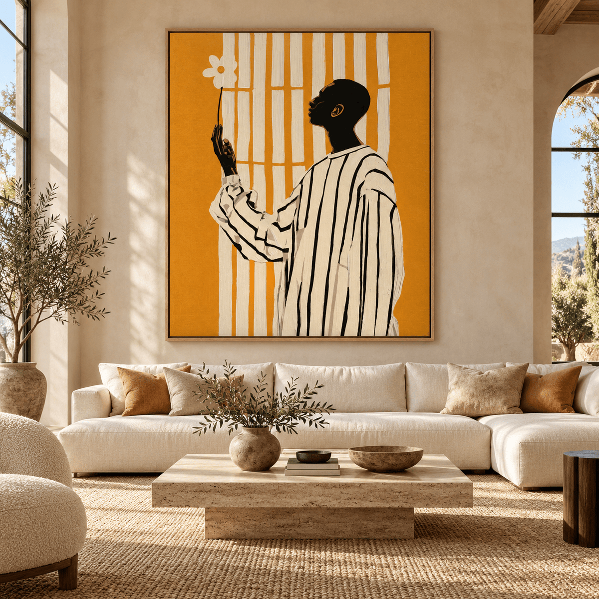 Black Art Wall Art – Sunlit Offering by Rossetti Art, large canvas print above a cream sofa in a sunlit living room