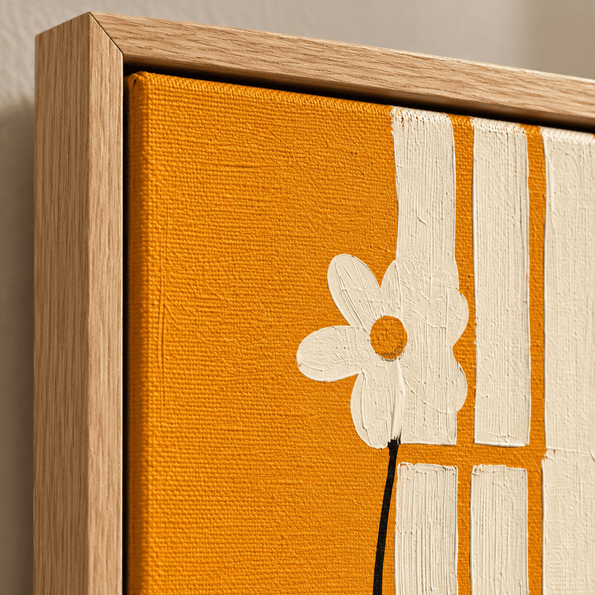 Black Art Wall Art – Sunlit Offering by Rossetti Art, close-up of the daisy, canvas texture and corner detail