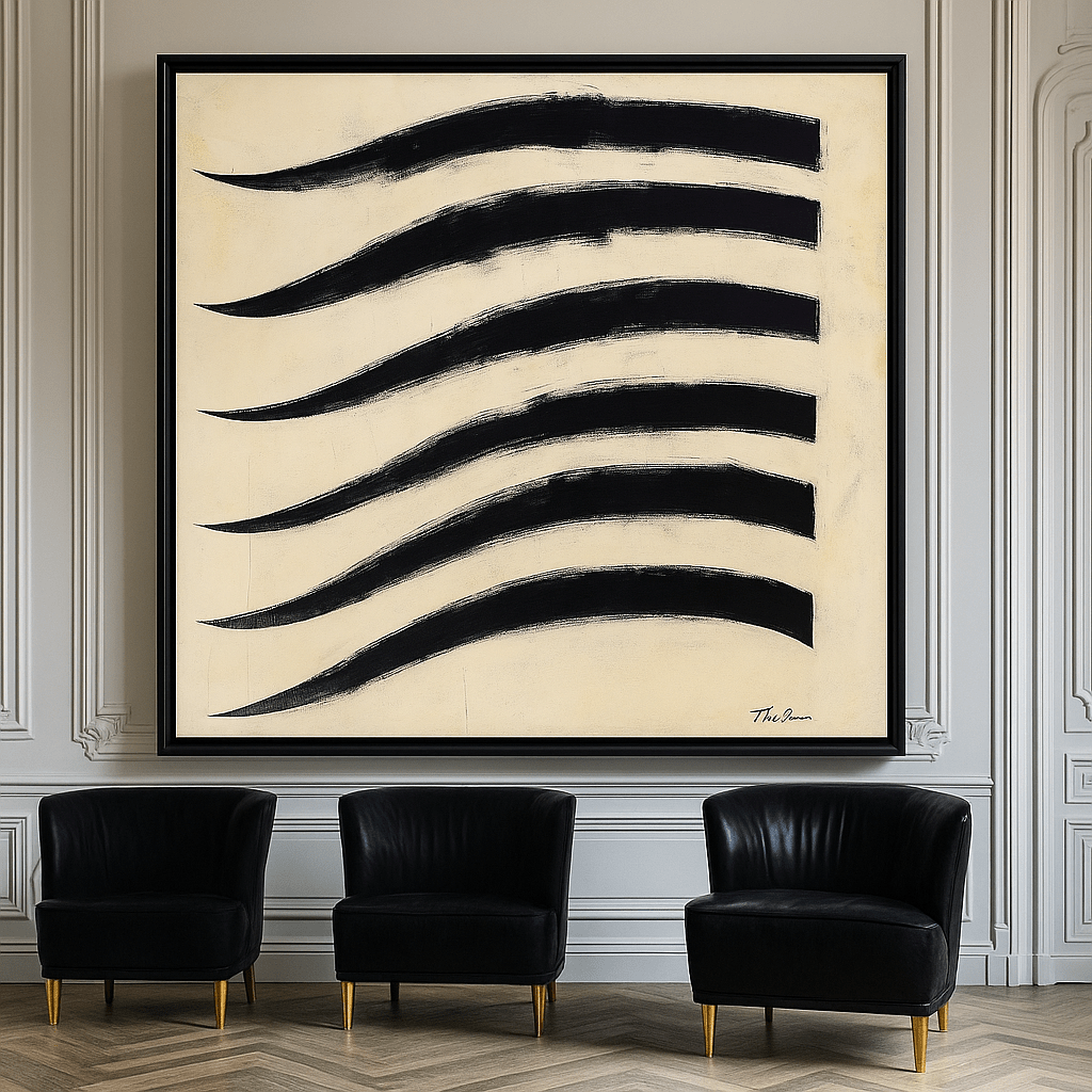 Canvas Print: Black Brushstroke Waves - Minimalist Abstract Wall Art modern abstract canvas wall art by Rossetti Art – luxury interior design artwork for living room, bedroom, office – Bold and Dynamic Artistic Home Accent Colorful Statement Wall Art Contemporary Grid Art