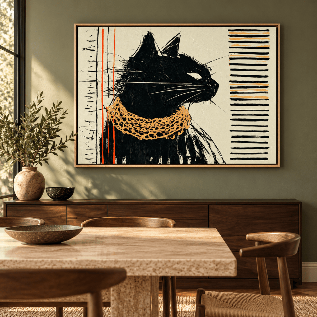 Black Cat Art Print Canvas – Gilded Stare by Rossetti Art, framed black cat art above a sideboard