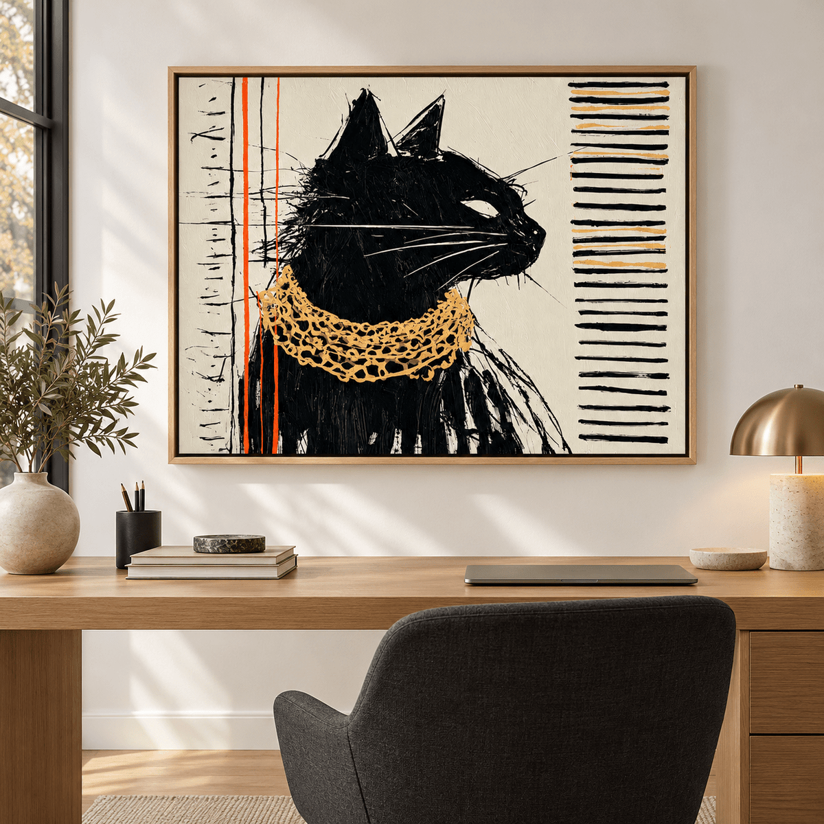 Black Cat Art Print Canvas – Gilded Stare by Rossetti Art, framed horizontal canvas above a desk
