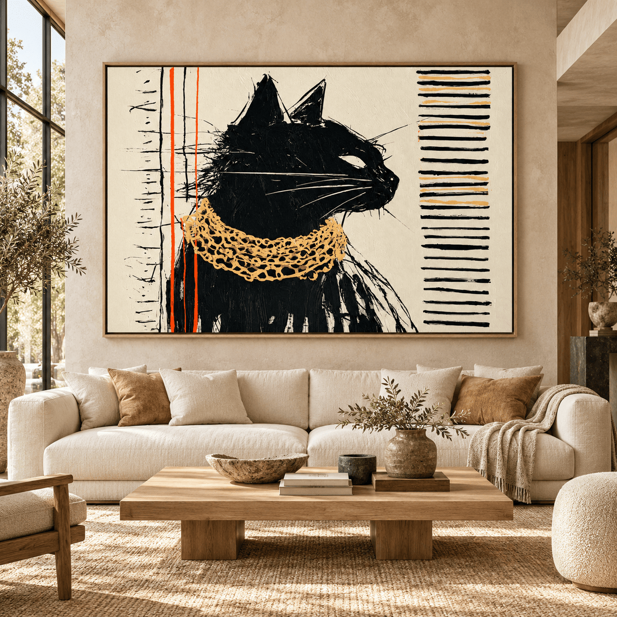 Black Cat Art Print Canvas – Gilded Stare by Rossetti Art, black cat with a gold chain above a cream sofa