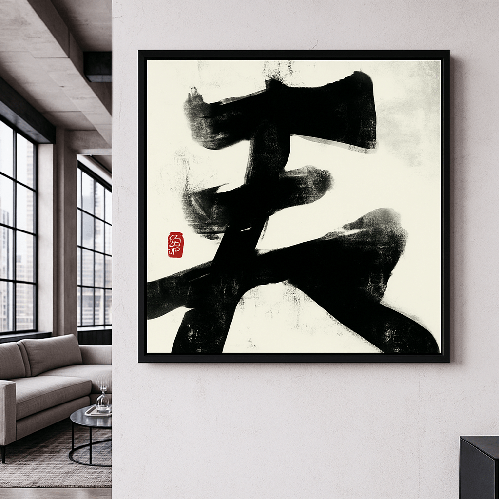 Canvas Print: Black Ink Harmony – Minimalist Zen Calligraphy Canvas Print | Modern Abstract Wall Art modern abstract canvas wall art by Rossetti Art – luxury interior design artwork for living room, bedroom, office – abstract wall art canvas print art Chiara Rossetti