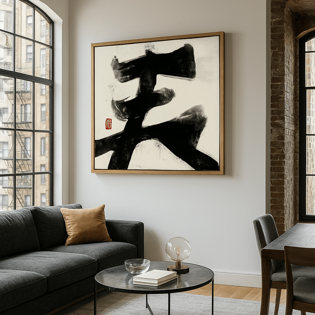 Canvas Print: Black Ink Harmony – Minimalist Zen Calligraphy Canvas Print | Modern Abstract Wall Art modern abstract canvas wall art by Rossetti Art – luxury interior design artwork for living room, bedroom, office – abstract wall art canvas print art Chiara Rossetti