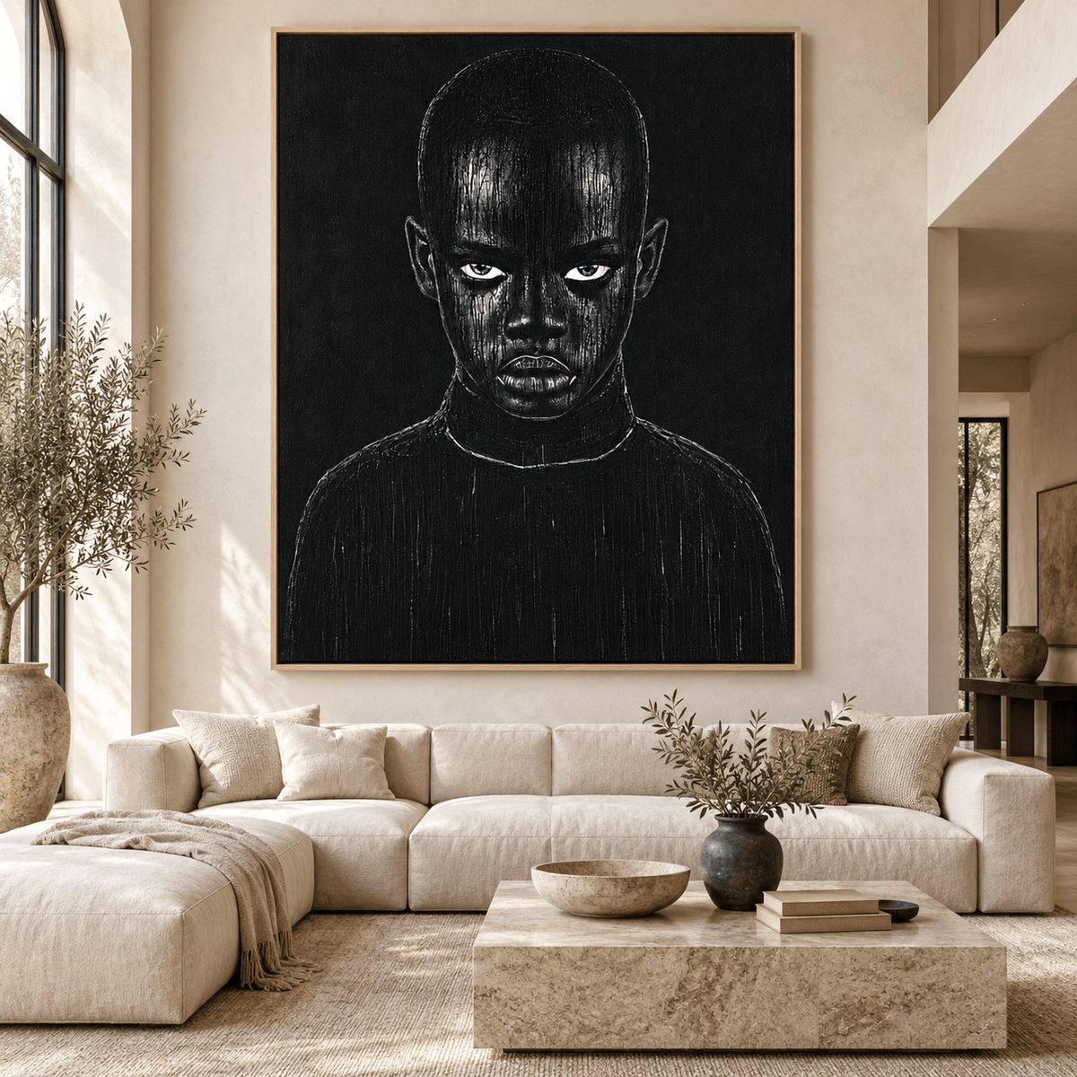 Black Portrait Painting Canvas Print – Midnight Gaze in a grand living room by Rossetti Art