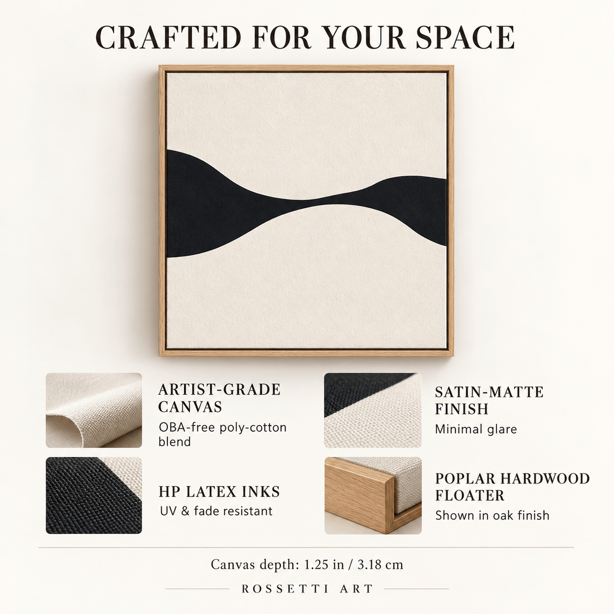 Black Wave Wall Art – Ink Meander by Rossetti Art, canvas materials and construction details