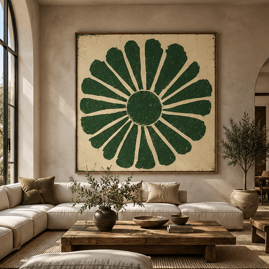 Oversized green floral canvas print in oak floating frame in a modern living room