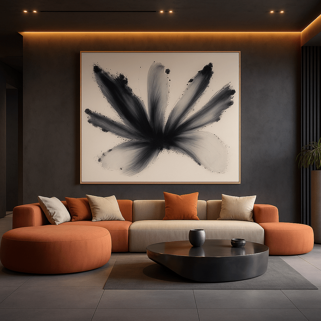 Canvas Print: Bloom in Motion – Black Abstract Brushstroke Wall Art modern abstract canvas wall art by Rossetti Art – luxury interior design artwork for living room, bedroom, office – Bold and Dynamic Artistic Home Accent Colorful Statement Wall Art Contemporary Grid Art