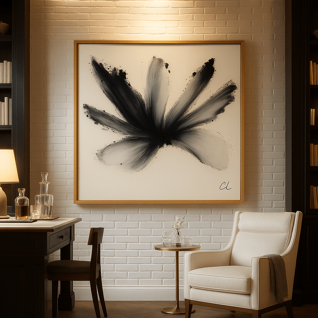 Canvas Print: Bloom in Motion – Black Abstract Brushstroke Wall Art modern abstract canvas wall art by Rossetti Art – luxury interior design artwork for living room, bedroom, office – Bold and Dynamic Artistic Home Accent Colorful Statement Wall Art Contemporary Grid Art