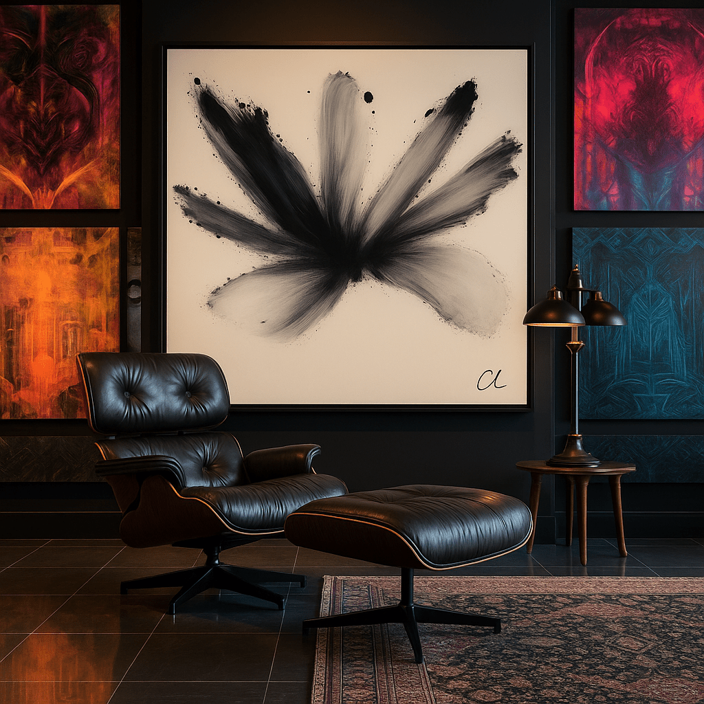 Canvas Print: Bloom in Motion – Black Abstract Brushstroke Wall Art modern abstract canvas wall art by Rossetti Art – luxury interior design artwork for living room, bedroom, office – Bold and Dynamic Artistic Home Accent Colorful Statement Wall Art Contemporary Grid Art