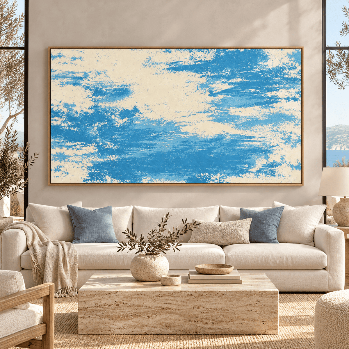 Blue and Beige Wall Art – Salt Wash by Rossetti Art – wide blue and cream abstract canvas above a cream sofa in a coastal living room