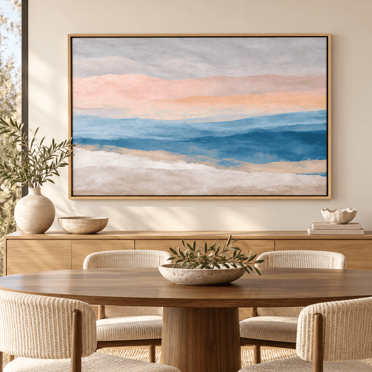 Blue and gray abstract wall art Muted Horizon above a wooden sideboard in a dining room