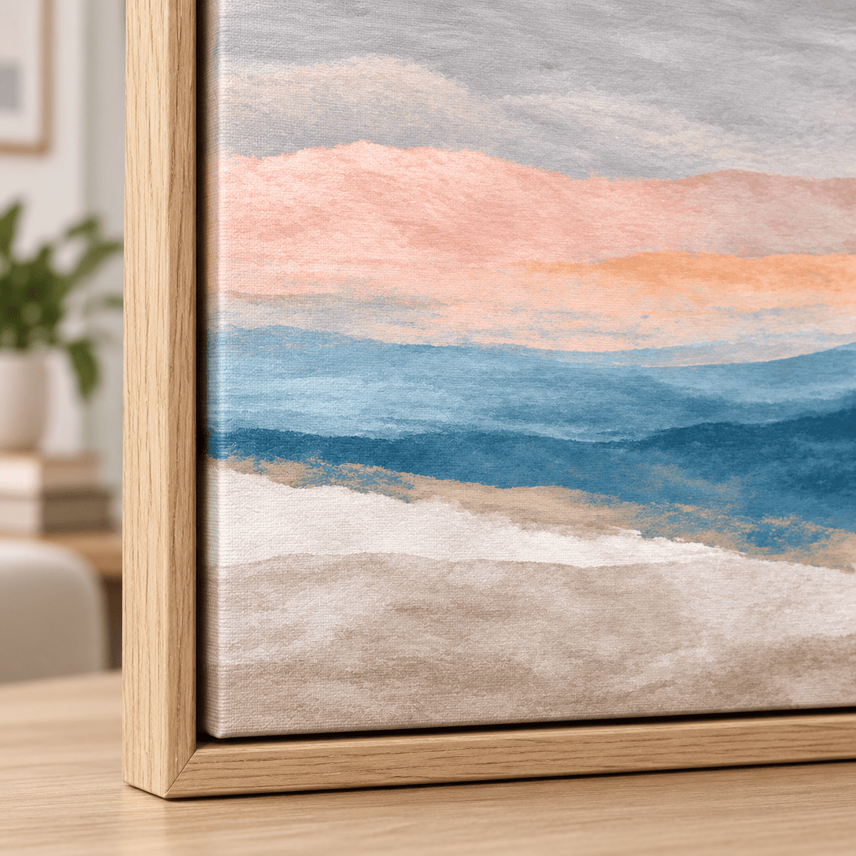 Close-up corner of the Muted Horizon canvas print in a hardwood floater frame