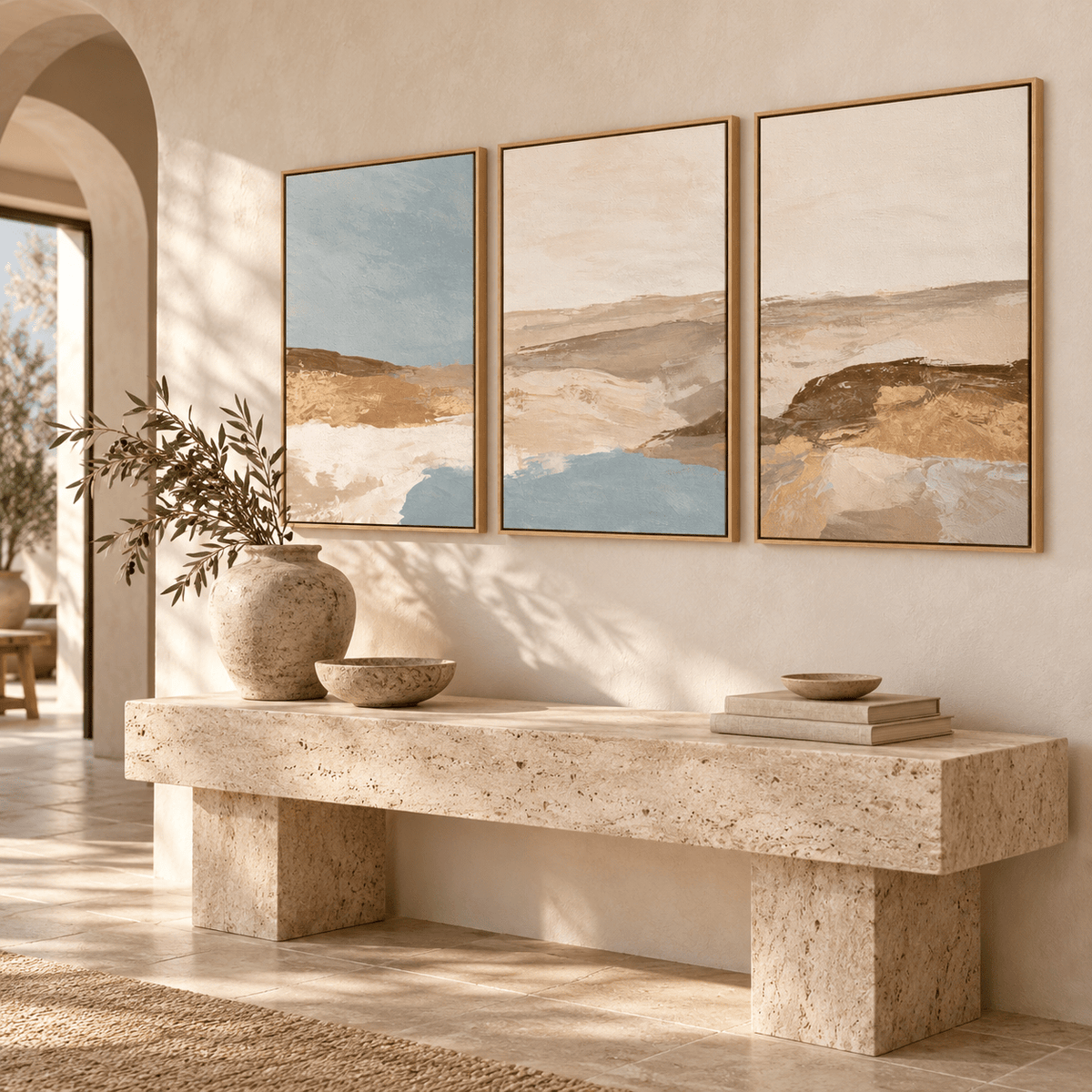 Blue and Tan Wall Art – Sand and Sky canvas print set of 3 by Rossetti Art, framed triptych in a wabi-sabi entryway